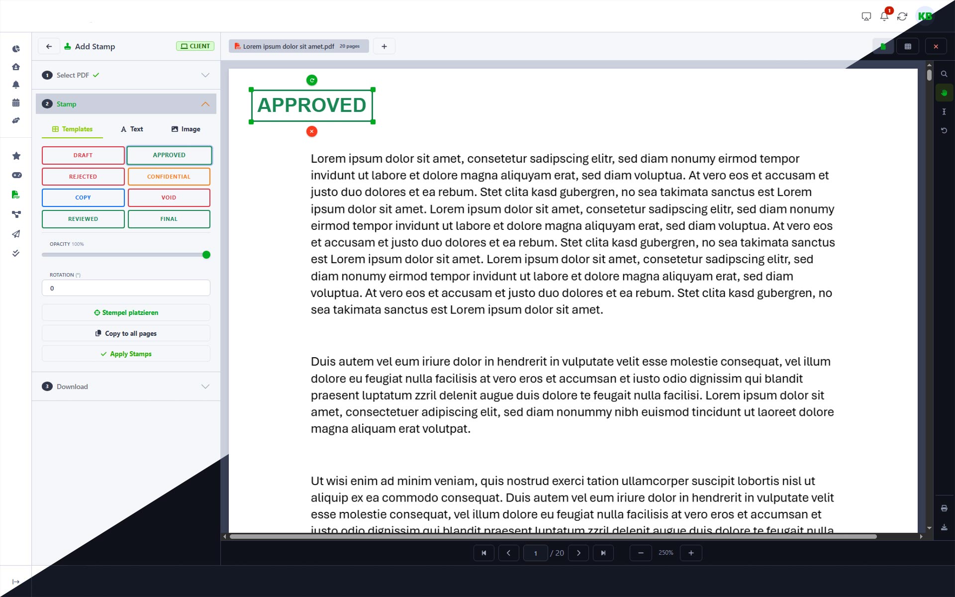 Stamp tool in DailyBuddy free online PDF tools adding APPROVED stamp to document