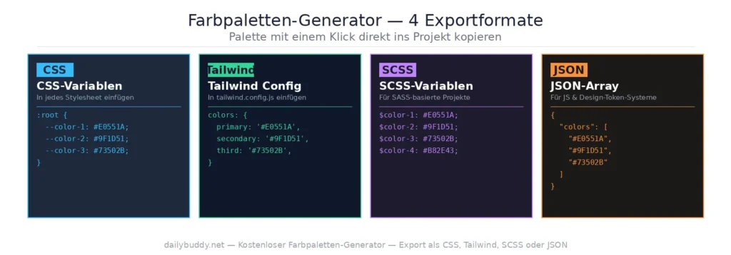 free color palette generator — export formats CSS Tailwind SCSS JSON by DailyBuddy