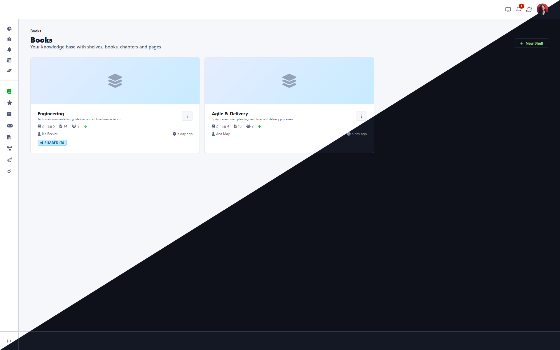 DailyBuddy knowledge base app showing bookshelf overview with books and chapters on EU servers
