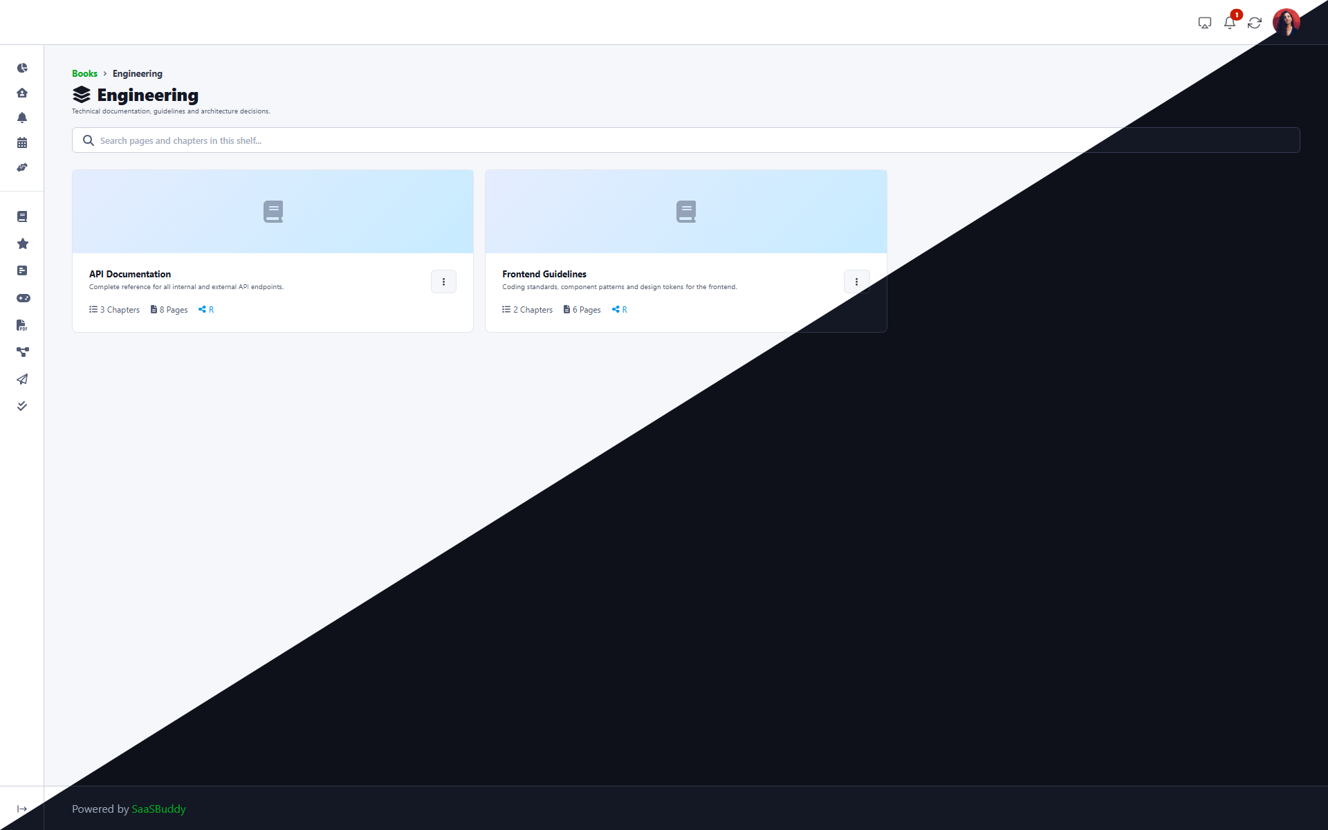 DailyBuddy GDPR compliant knowledge base app showing book structure with chapters and pages
