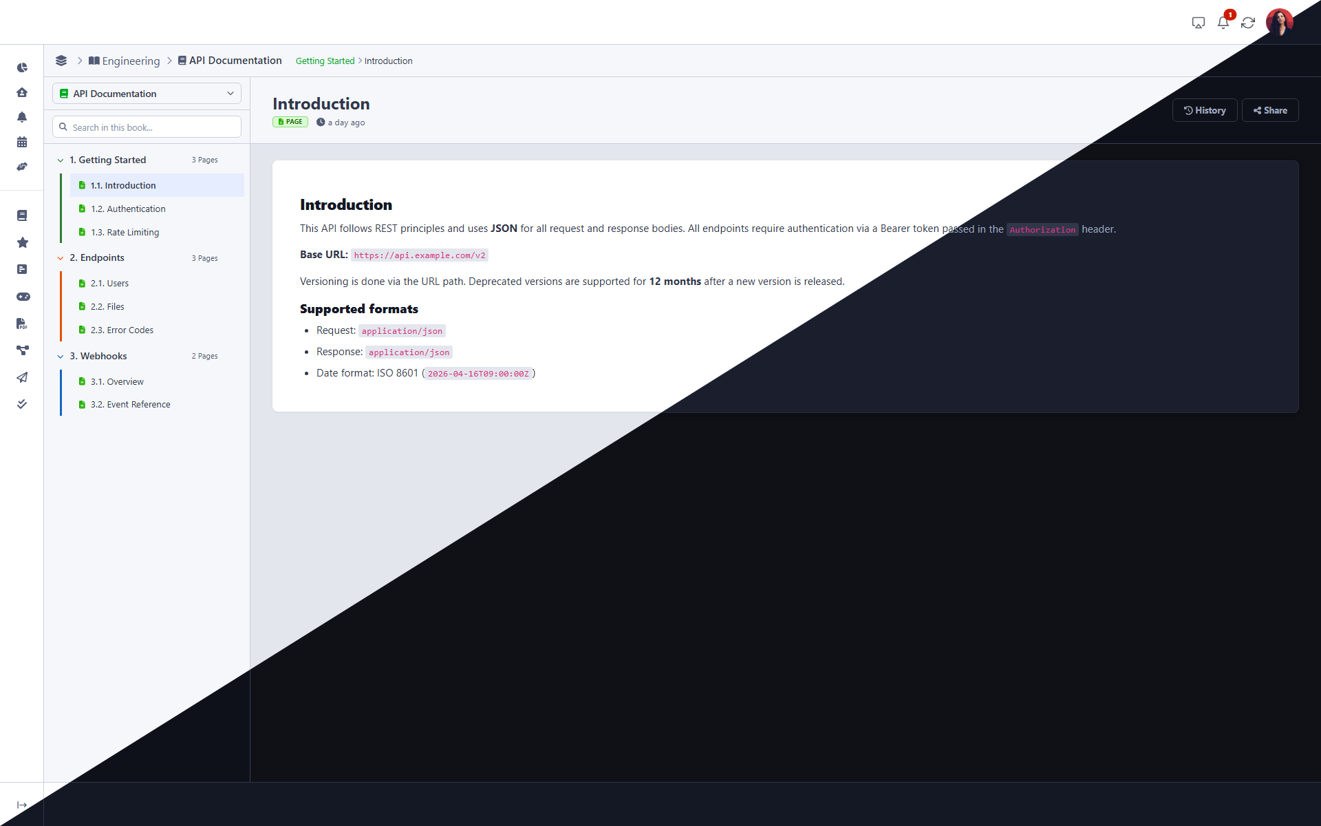 DailyBuddy knowledge base app showing page editor with formatted content and navigation