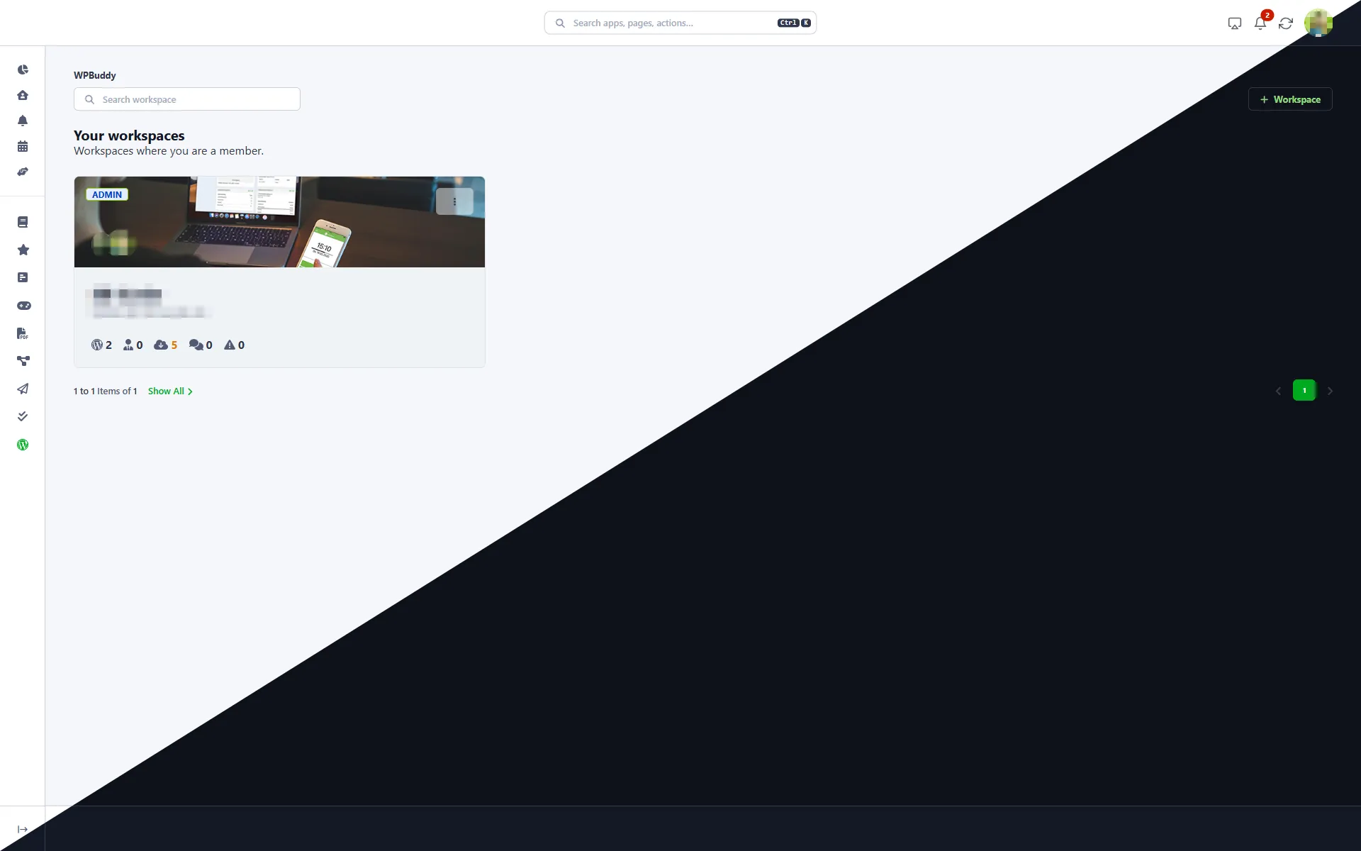 WordPress management tool – workspace overview with sites, clients and warnings
