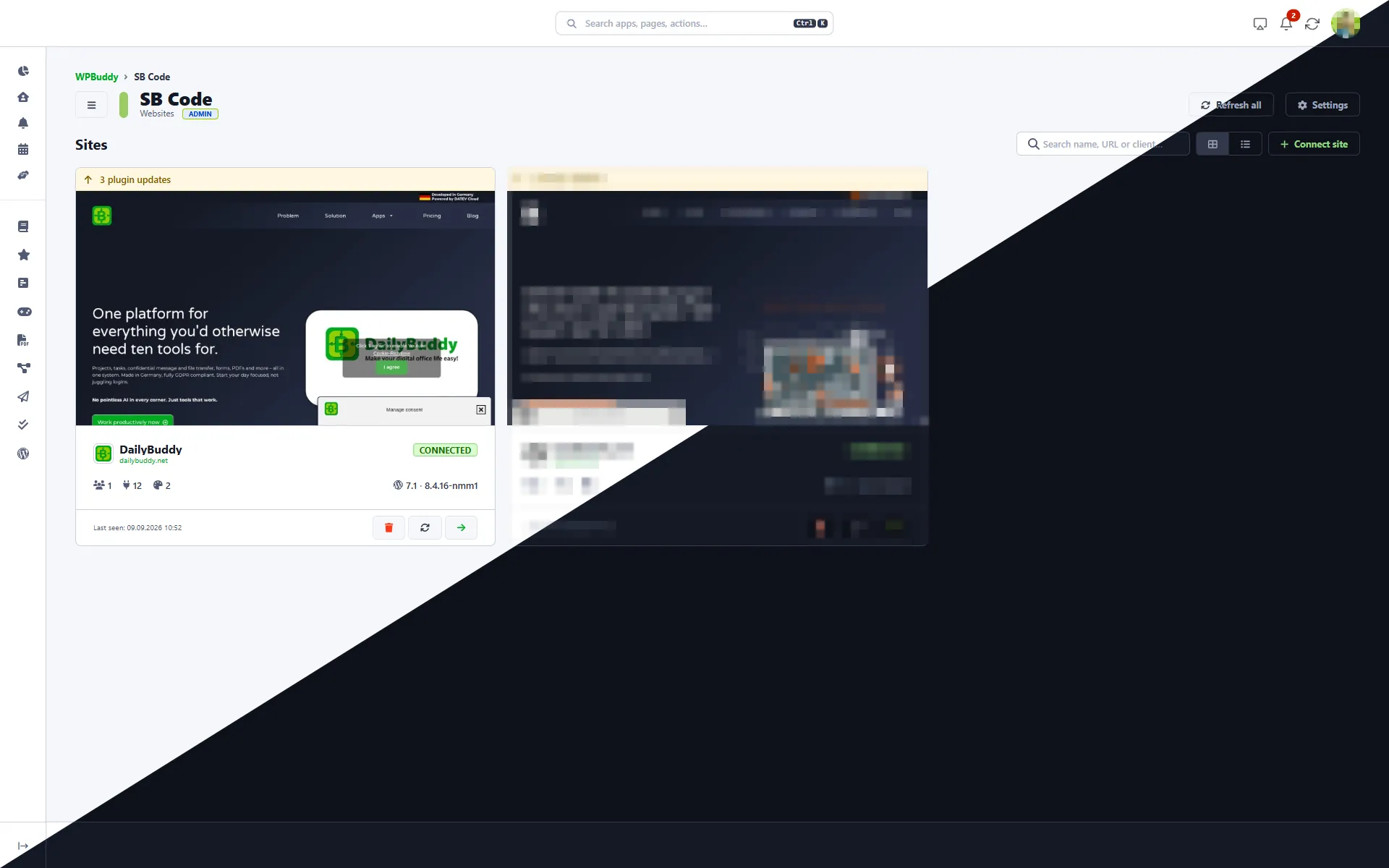 WordPress management tool – connected WordPress sites with update notice and versions